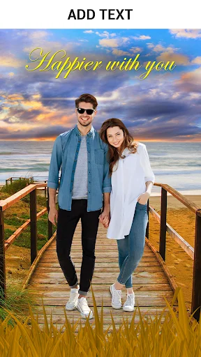 Text overlay feature showing couple on wooden beach boardwalk with sunset background and yellow text saying 'Happier with you' in script font