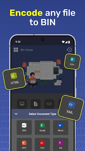 Encode any file to BIN feature showing document type selection menu with HTML, CSV, XML, PDF, Excel, Word formats