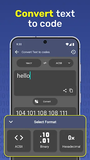 Convert text to code feature showing 'hello' text converted to binary ASCII representation 104 101 108 108 111