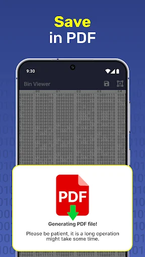 Save in PDF functionality with generation dialog showing PDF file export capability in Bin File Opener tool