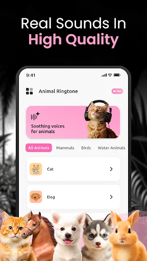 Animal Ringtone app home screen with soothing animal voices and category filters for mammals, birds, and water animal sounds
