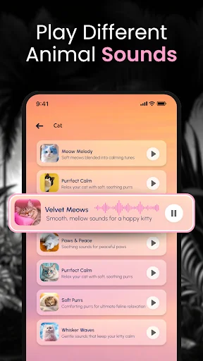 Cat sounds playlist in Animal Ringtone app with multiple ringtone options and play controls for soothing feline audio