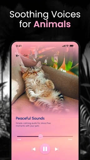 Animal Ringtone app playing peaceful cat sounds with audio player including progress bar and playback controls