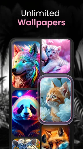 Unlimited animal wallpapers in Animal Ringtone app with colorful artistic designs of wolves, bears, cats, and pandas