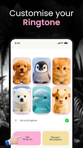 Animal Ringtone customization screen with pet photo options to set ringtone, music, and wallpapers for your device