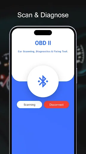 OBD II car scan and diagnose interface with Bluetooth icon, Scanning and Disconnect buttons