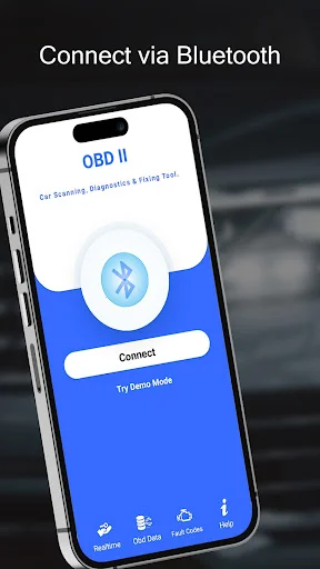 Bluetooth connection setup screen for OBD II scanner with Connect button and demo mode option