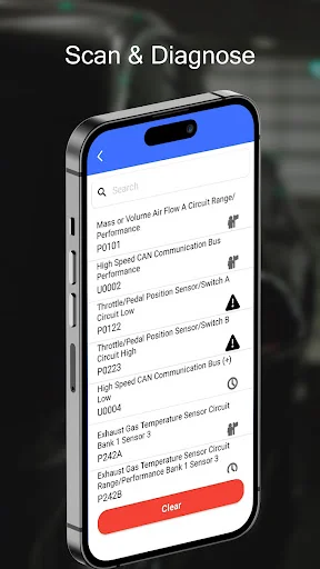 Diagnostic scan results showing fault codes, error details, and Clear button for car troubleshooting