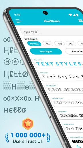 Blue Words app home screen displaying diverse stylish fonts, text styles library, keyboard themes, and 1 million users trust rating