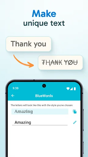 Make unique text feature demonstrating font transformation from Thank you to THANK YOU with styled text preview in Blue Words