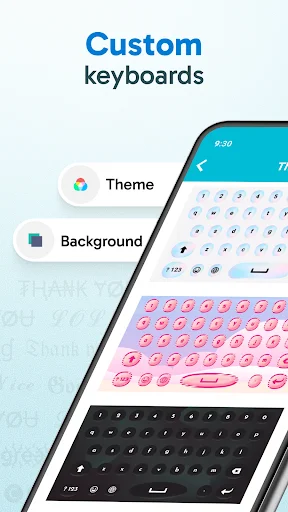 Custom keyboards feature displaying Theme and Background personalization options with multiple colored keyboard layout variations
