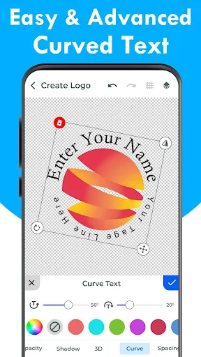 Curved text logo editor with Enter Your Name in circular gradient and color palette customization controls