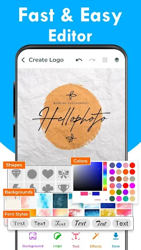 Logo editor with Hallophoto design showing editing tools: Shapes, Backgrounds, Font Styles, and color customization