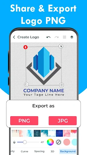 Logo export interface showing geometric company logo with PNG and JPG export format buttons for logo sharing