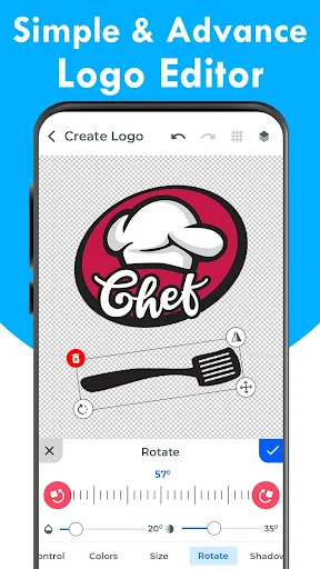 Logo editor with pink circular Chef logo showing rotation tool and angle adjustment controls for logo customization