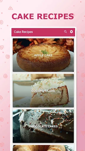 Cake recipes home screen with search bar and featured recipe cards: apple cake, coconut cake, and chocolate cakes with photos