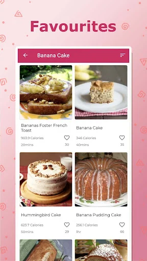 Cake recipes favorites grid view displaying saved recipes with photos, calorie counts, preparation times, and heart icons