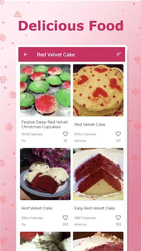 Red velvet cake recipe collection showing multiple variations with calorie information, cooking times, and recipe photos
