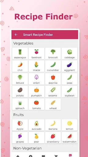 Smart Recipe Finder ingredient selector interface displaying vegetables, fruits, and non-vegetarian ingredient options by category