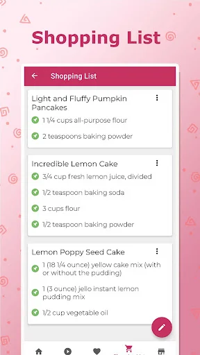 Shopping list feature grouping cake ingredients by recipe with checkboxes to track items needed for baking