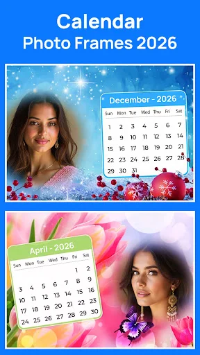 Calendar Photo Frames 2026 app showing festive winter and floral calendar photo frame design templates