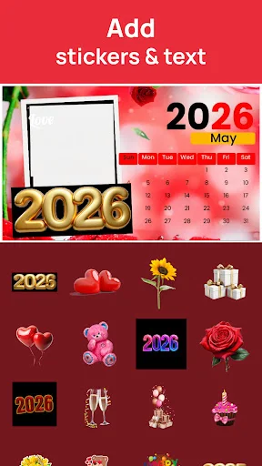 Calendar editor sticker gallery featuring year numbers, hearts, flowers, and decorative embellishments to add