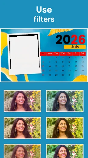 Calendar photo filter editor showing six portrait variations with different color tone and effect filters applied
