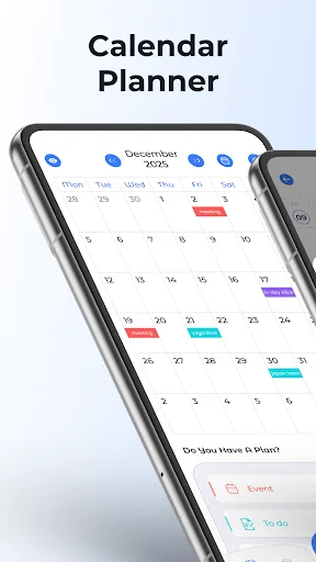 Calendar Planner app showing monthly calendar view with color-coded business events and meetings scheduled on various dates