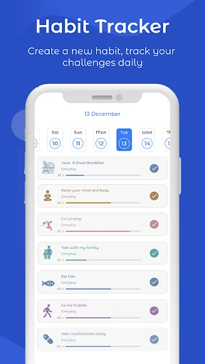 Habit Tracker feature showing daily habits with dates and completion checkmarks for tracking personal challenges and goals