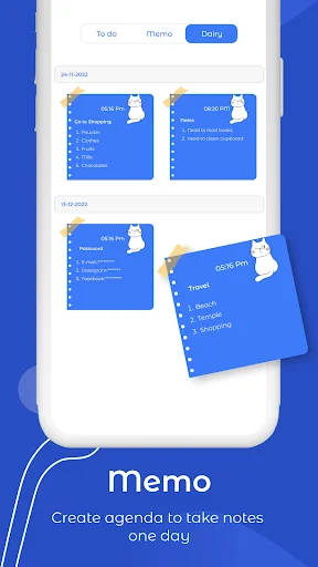 Memo feature displaying dated notes and agenda entries for creating daily notes and reminders within the calendar