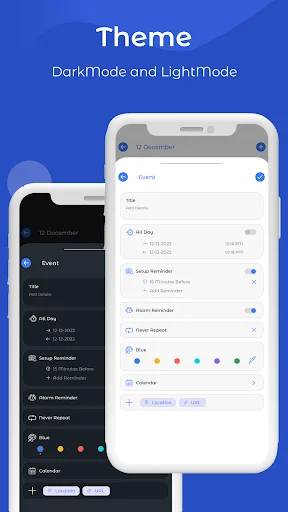 Theme customization options showing dark mode and light mode settings for personalizing the calendar app interface