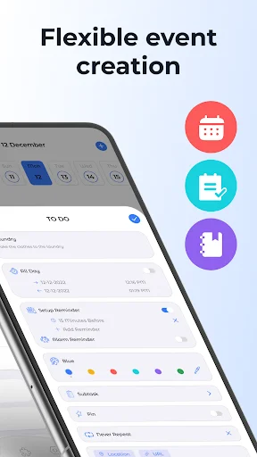Flexible event creation interface with color-coded categories: calendar events, to-do tasks, and notebook reminders for productivity