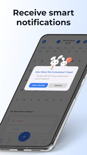 Smart notification alert for task reminders showing 'You Have A Completed Task' popup on the calendar app interface