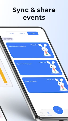 Sync and share events feature showing blue event cards with participant avatars for collaborative calendar management