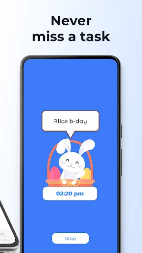 Task reminder notification showing 'Alice b-day' at 02:20 pm ensuring you never miss important birthdays and tasks