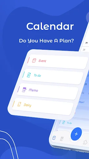 Calendar app home screen with planning options: Event, To Do, Memo, and Diary for comprehensive task and schedule management