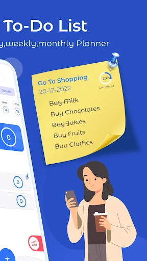 To-Do List feature displaying shopping list with date '20-12-2022' and checklist items for weekly and monthly planning