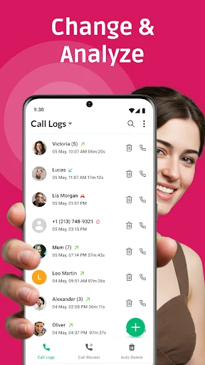 Call logs interface displaying contacts for viewing, editing and analyzing calls