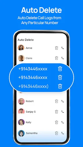 Auto delete interface displaying contact list and phone numbers highlighted for removal