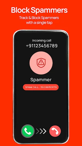 Incoming spam call alert showing number +911234567890 with answer and reject buttons