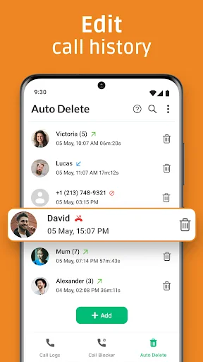 Auto delete call history interface with highlighted contact David ready for deletion