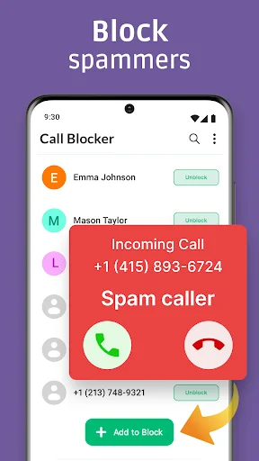 Call blocker showing incoming spam call alert with add to block button functionality