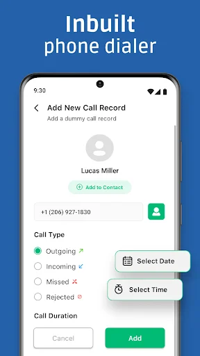 Add new call record form with contact selection, call type and date/time picker fields