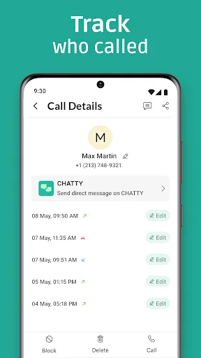Call details screen showing Max Martin contact information with chat messages and edit