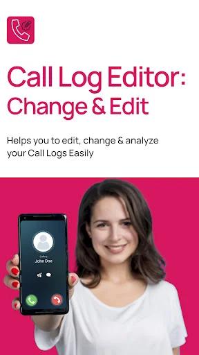 Call Log Editor app introduction screen with title and woman holding smartphone device