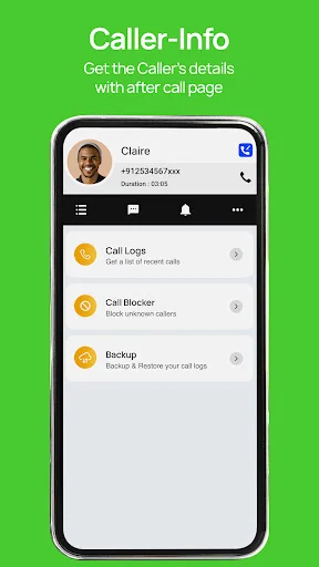 Caller info screen showing Claire contact details with call logs and blocker options