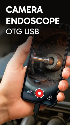 Camera Endoscope OTG USB app displaying live endoscope feed on smartphone with record controls