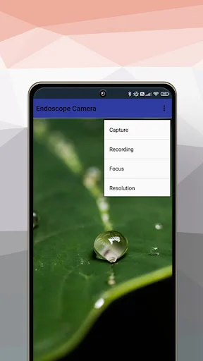 Endoscope app menu displaying Capture, Recording, Focus, and Resolution settings