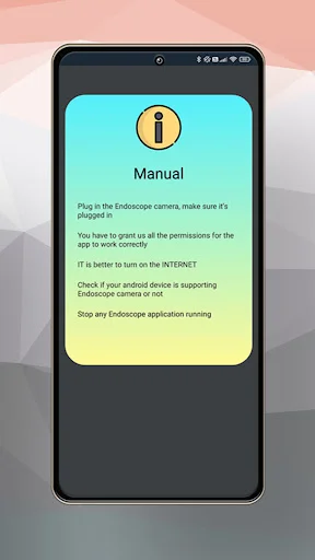 Manual setup instructions for Camera Endoscope app with permissions and connection guide