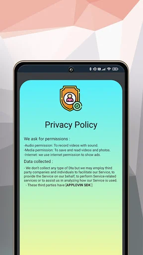 Privacy Policy screen detailing data collection and permission requirements for app